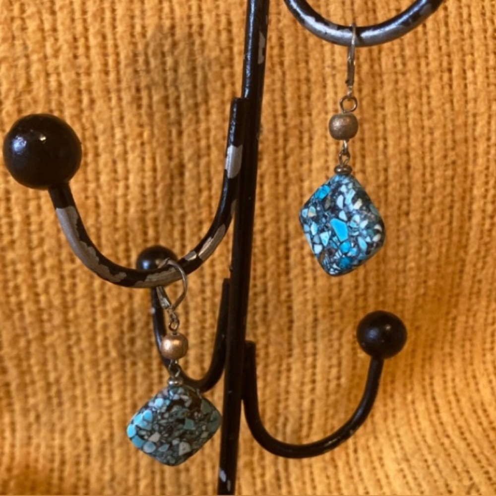 Turquoise Simulated Marble Drop Pierced Brushed Gold-Tone Earrings, Vintage